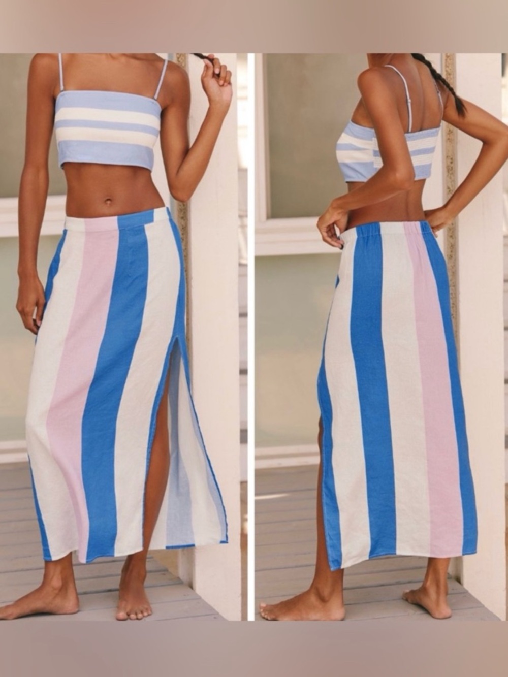 Anthropologie Striped Maxi Skirt in Blue, White & Pink with Side Slit